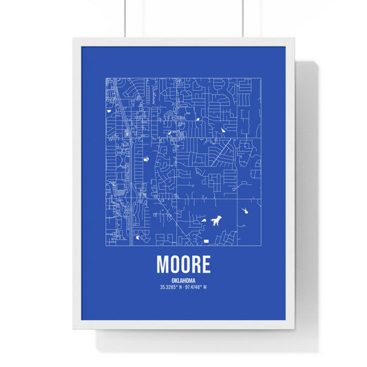 Moore Street Map Framed Print, White on Royal Blue
