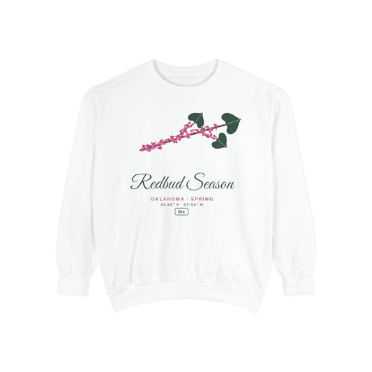 Crewneck sweatshirt printed with Redbud Season Oklahoma.