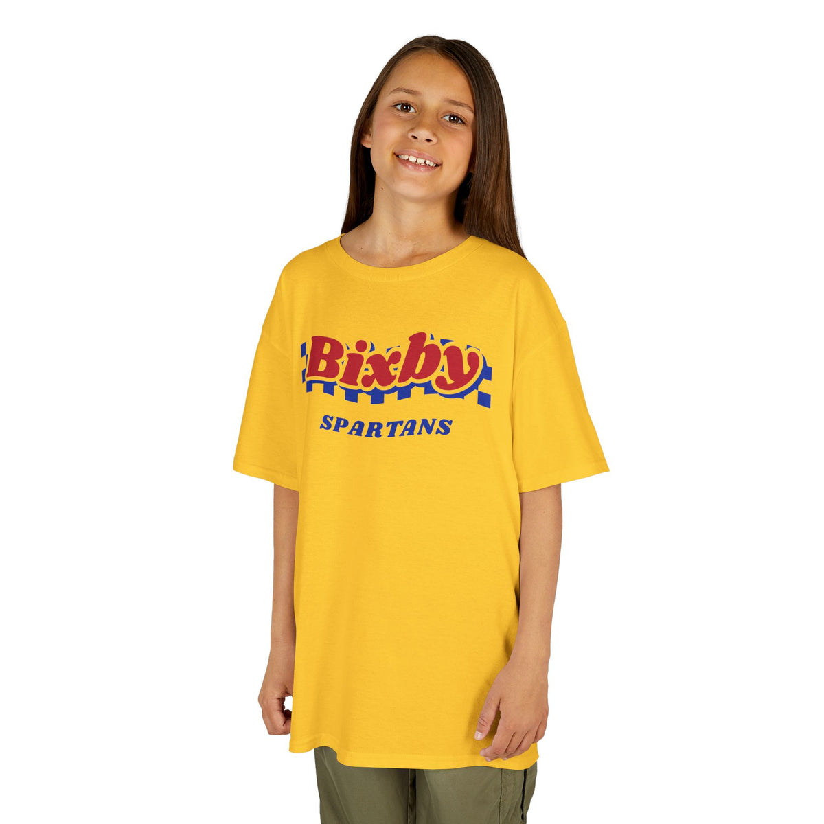 Bixby Spartans Retro Blue Checkered Script Youth Tee – Kids Vintage Game Day Shirt