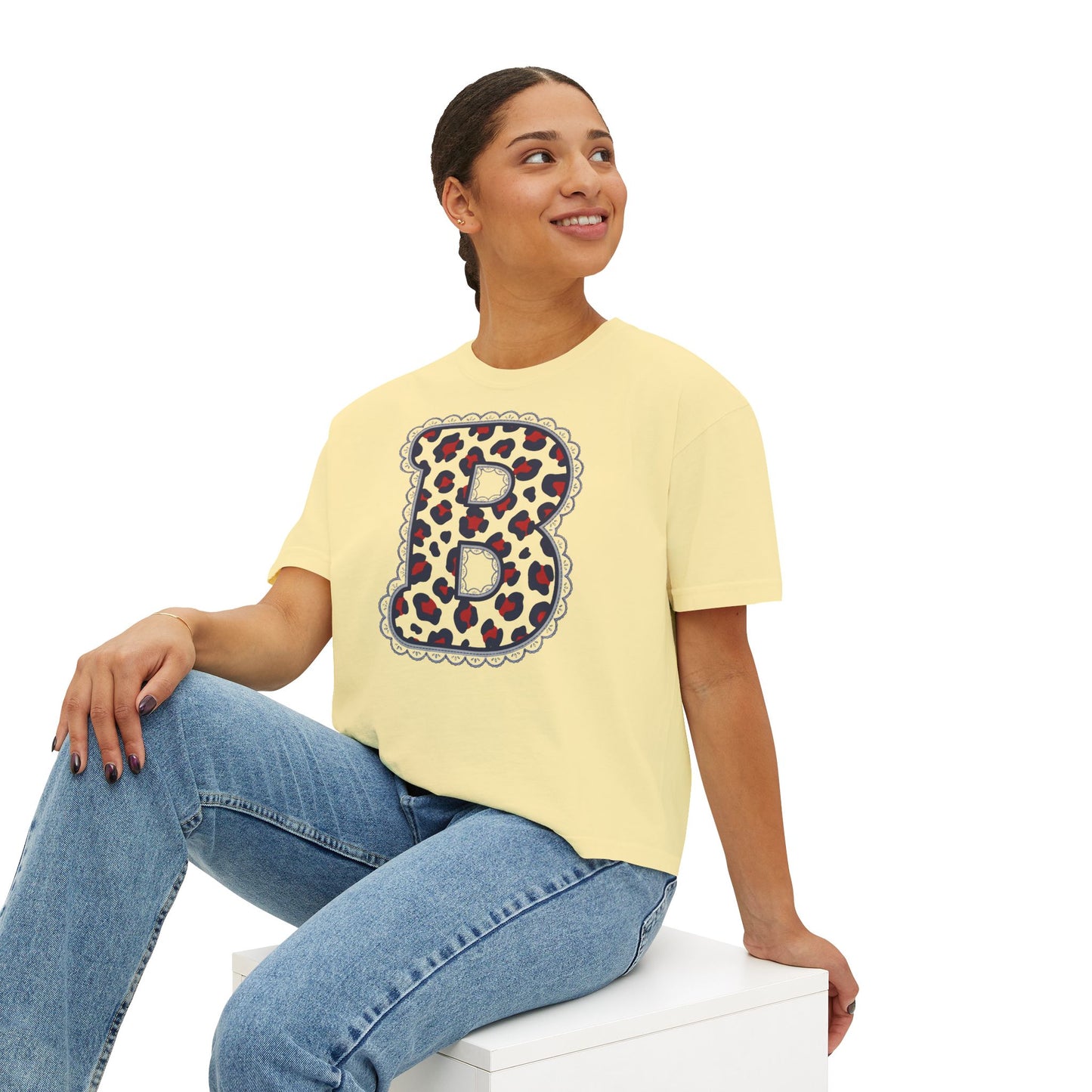 Leopard Print Initial 'B' Women's Boxy Comfort Colors Tee