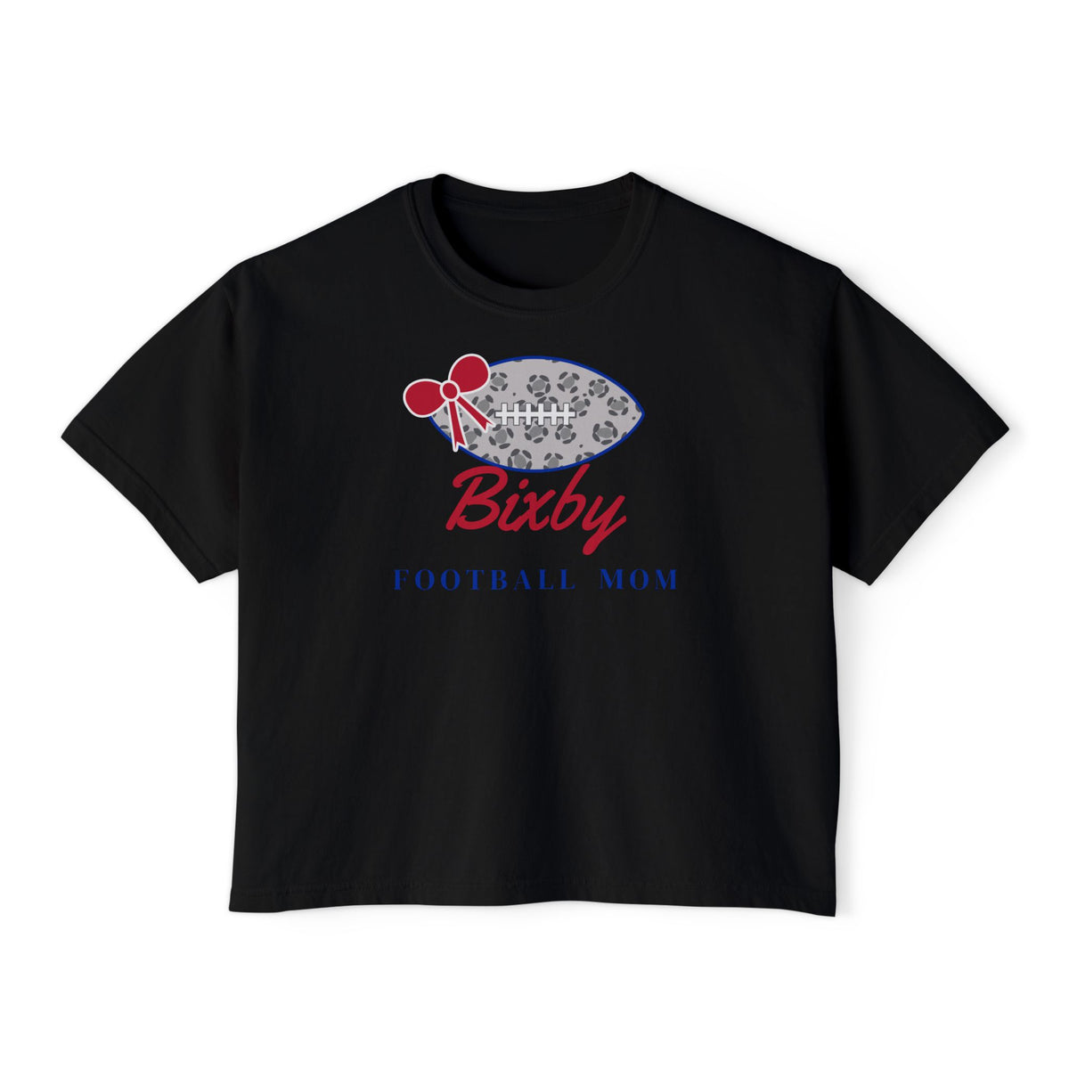 Bixby Spartans Football Mom Women's Boxy Tee – Leopard Football & Bow, Navy Lettering