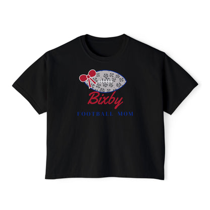 Bixby Spartans Football Mom Women's Boxy Tee – Leopard Football & Bow, Navy Lettering