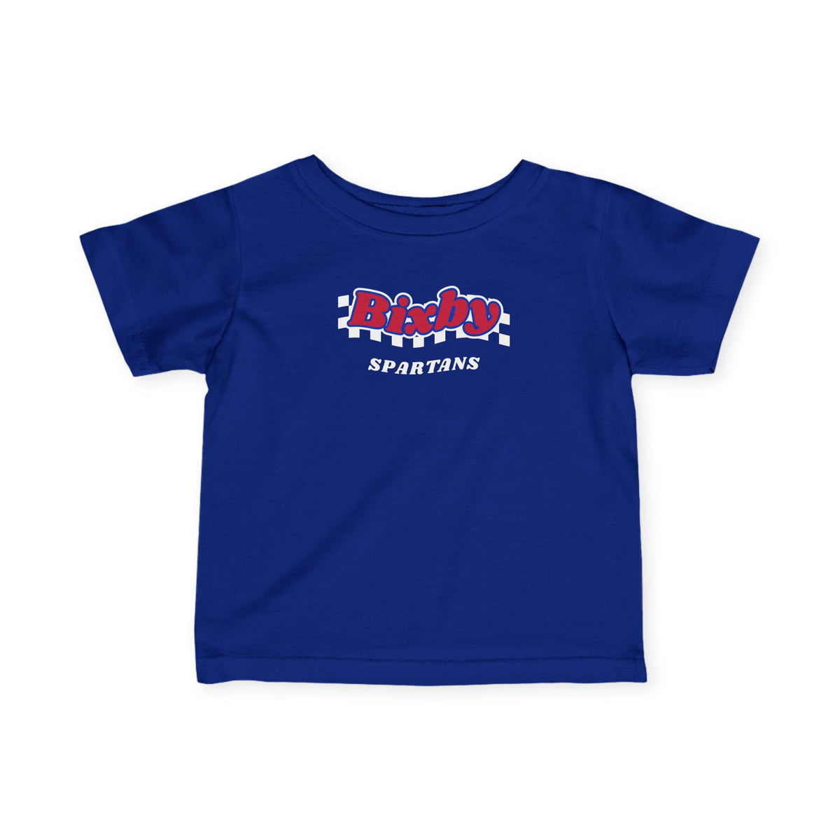 Bixby Spartans Retro Script Checkered Infant Tee – Baby Game Day Shirt