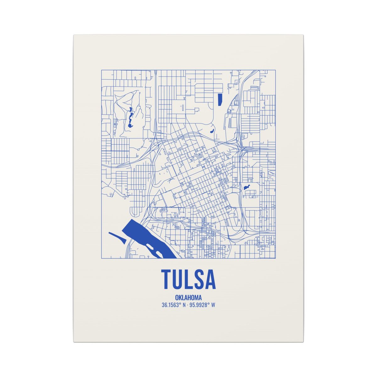 Tulsa Street Map Canvas, Royal Blue on Cream