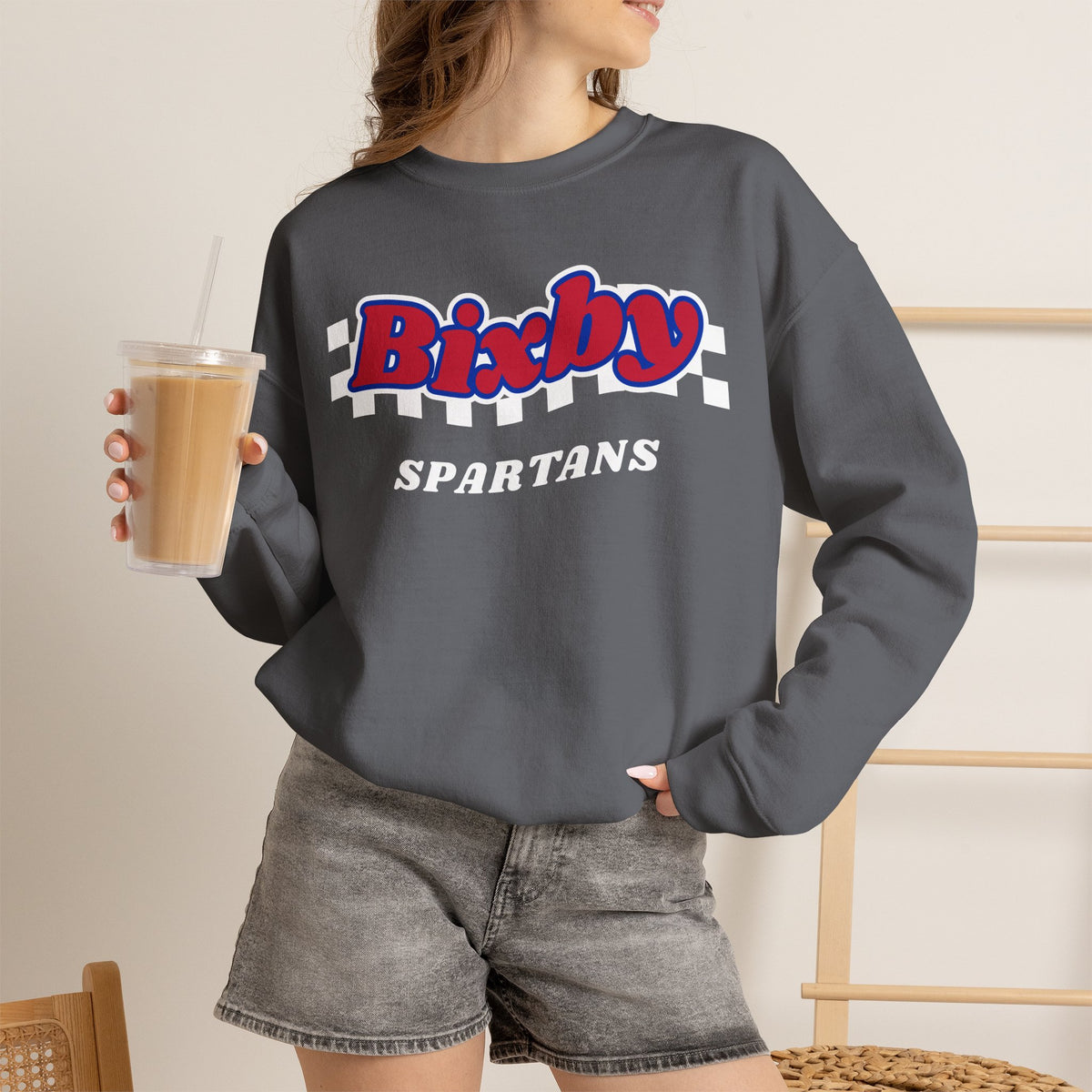 Bixby Spartans Retro Script Checkered Sweatshirt – Red, White & Blue Game Day Crewneck
