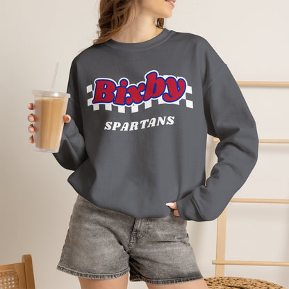 Bixby Spartans Retro Script Checkered Sweatshirt – Red, White & Blue Game Day Crewneck