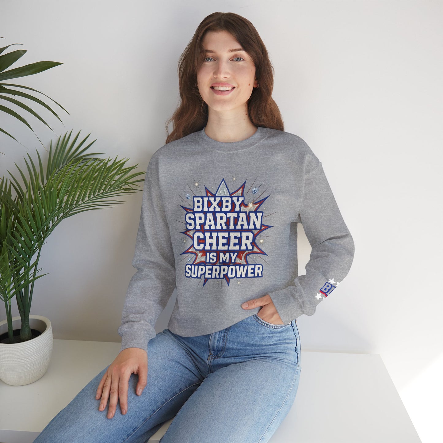 Bixby Spartan Cheer Superpower With Sleeve Print Gildan Sweatshirt