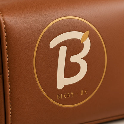 Close-up of B monogram printed on leather