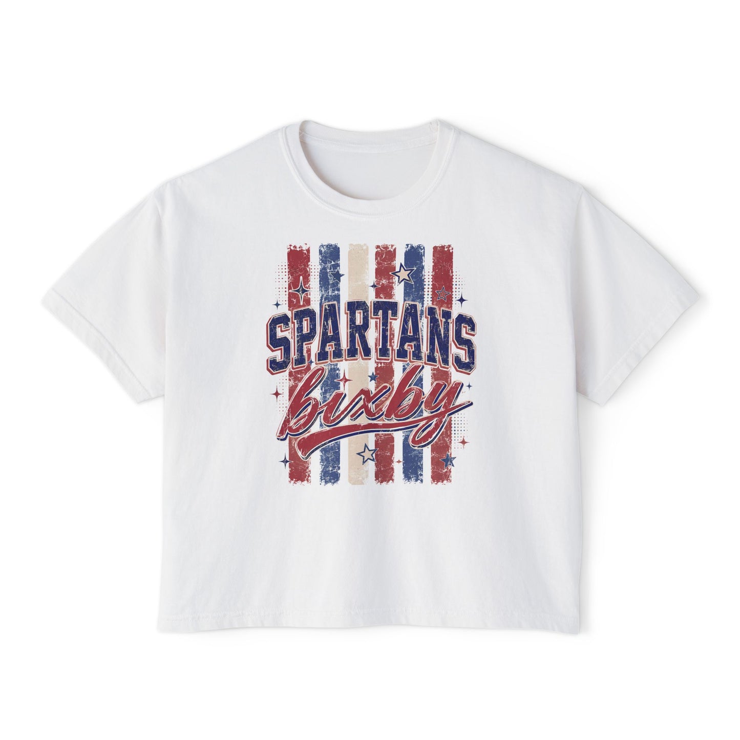 Spartans Lucky Women's Boxy Tee Vintage Red & Blue Patriot Stripes
