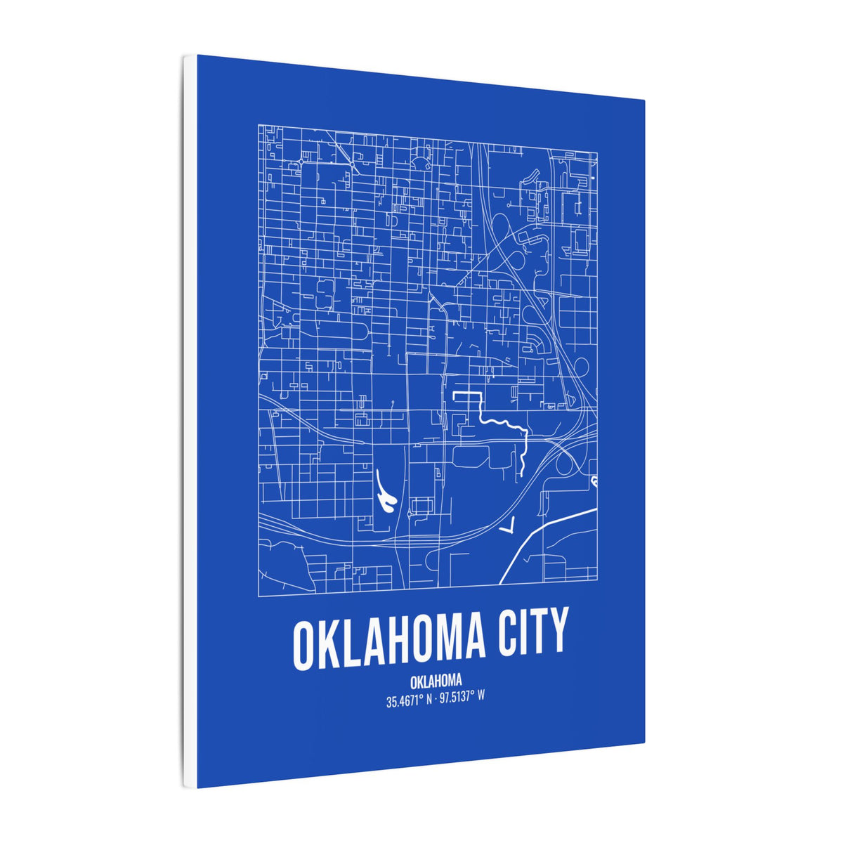 Oklahoma City Street Map Canvas, White on Royal Blue