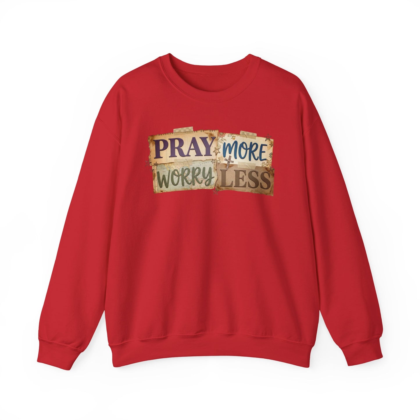 Pray More Worry Less Gildan Sweatshirt | Faith Christian Bible Verse Crewneck