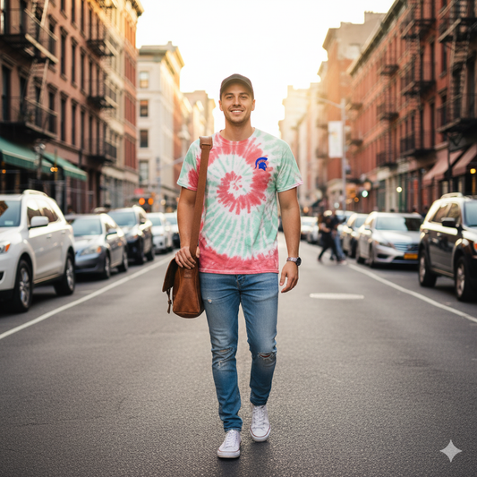 Bixby Spartan Small Blue Logo Tie-Dye Gildan Tee