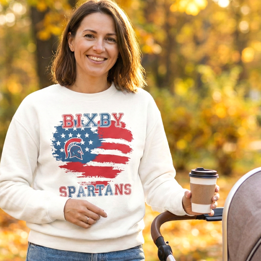 Bixby Spartans Heart American Flag Crewneck Sweatshirt