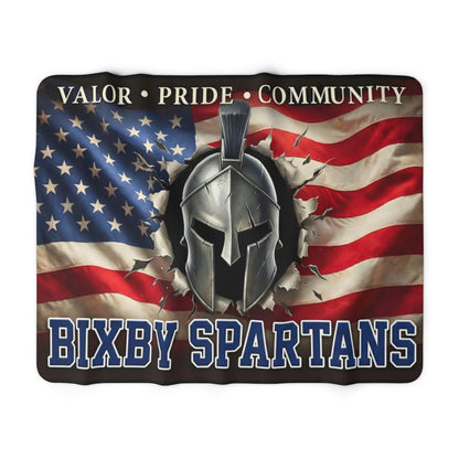 Bixby Spartans Sherpa Fleece Blanket — American Flag & Spartan Helmet (Valor • Pride • Community)