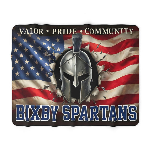 Bixby Spartans Sherpa Fleece Blanket — American Flag & Spartan Helmet (Valor • Pride • Community)