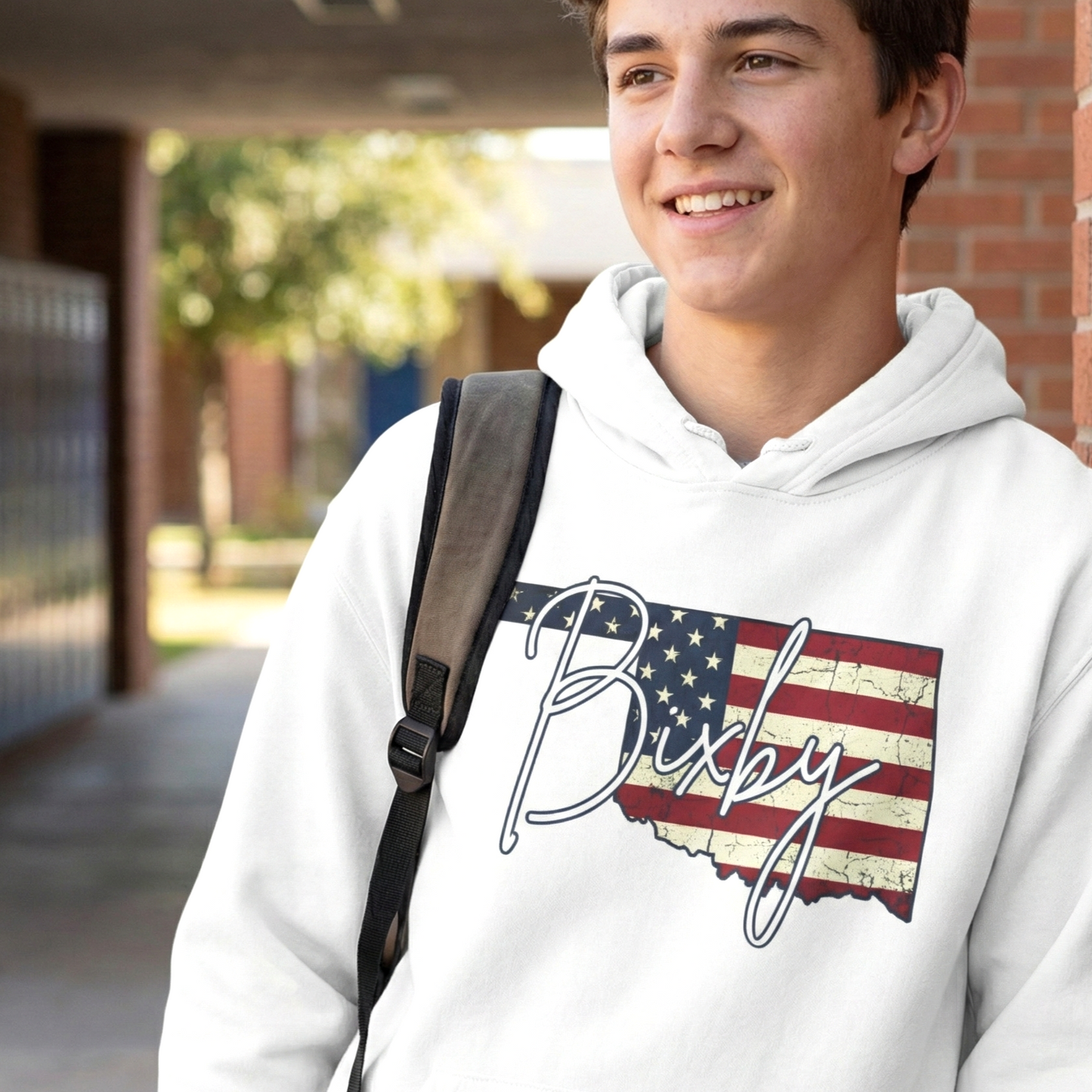 Oklahoma Flag Hoodie with "Bixby" Script Gildan Hoodie