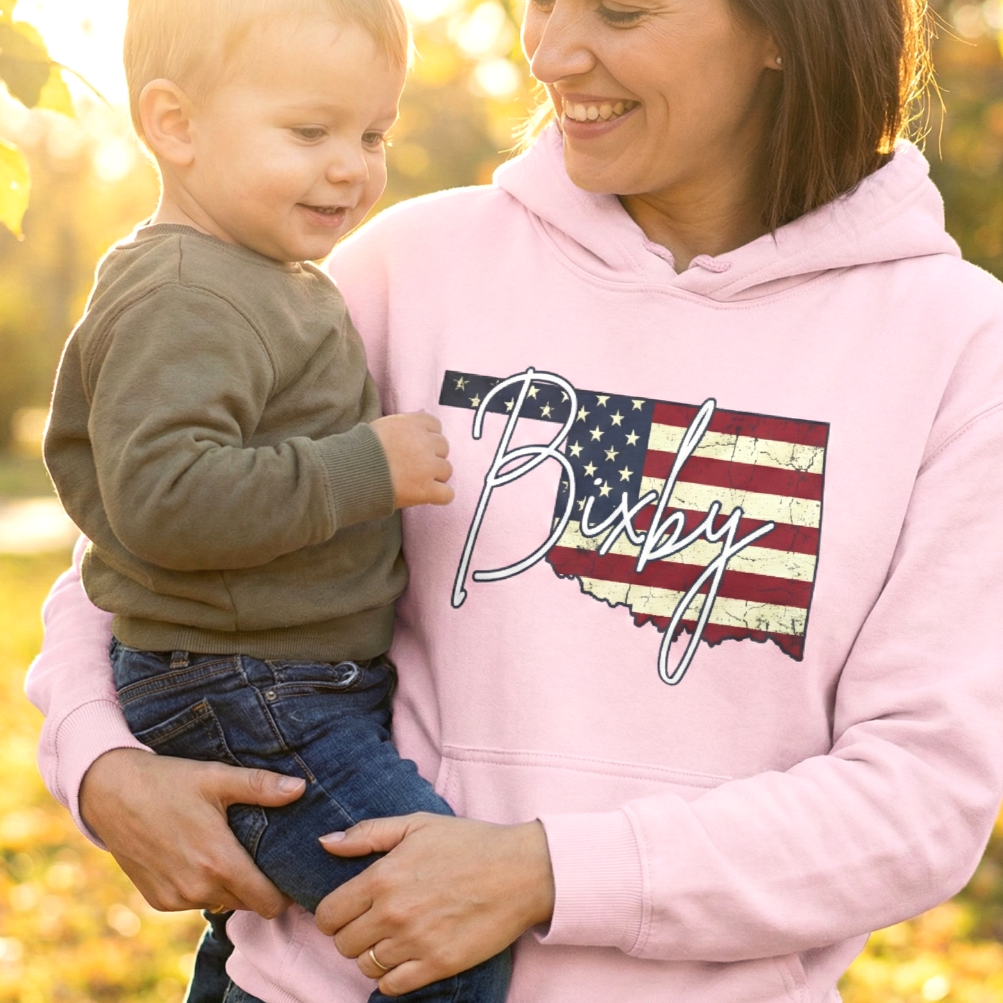 Oklahoma Flag Hoodie with "Bixby" Script Gildan Hoodie