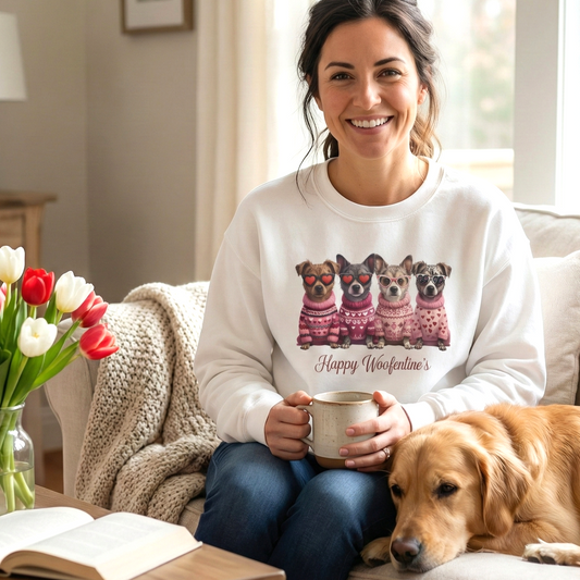 Happy Woofentine Dogs Crewneck Sweatshirt | Valentine Paw Print