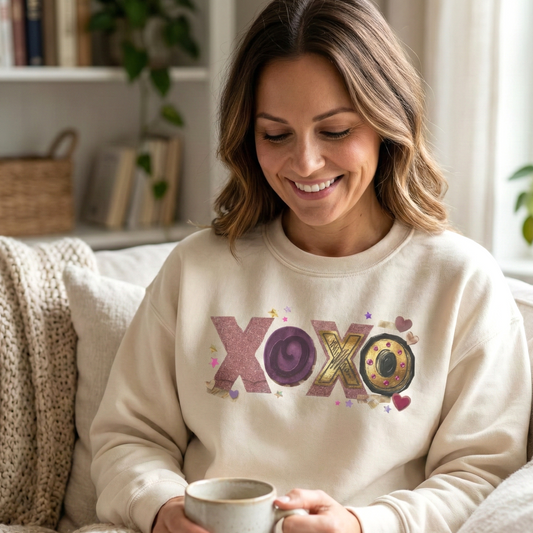 XOXO Candy Heart Graphic Comfort Colors Sweatshirt | Valentine Hearts Love Design