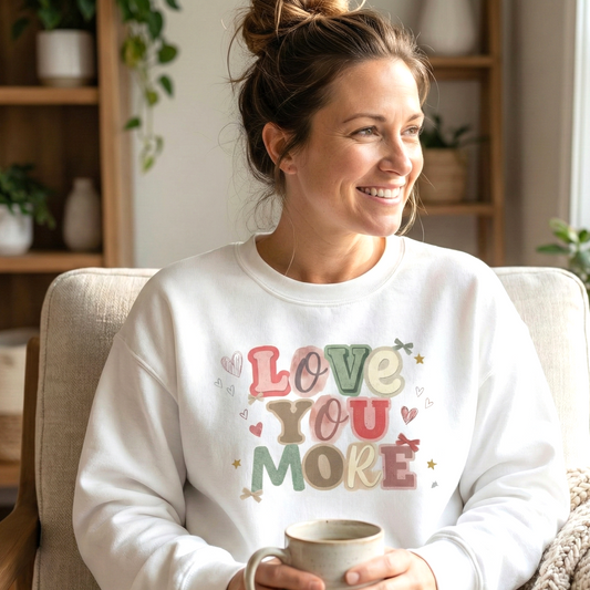 Love You More Comfort Colors Sweatshirt | Retro Pastel Typography, Hearts & Stars