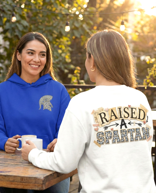 Raised A Spartan Crewneck Gildan Sweatshirt with Spartan Logo
