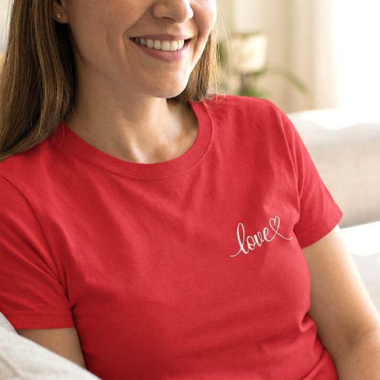 Minimalist Love Script Heart Embroidered Tee | Valentine's Shirt