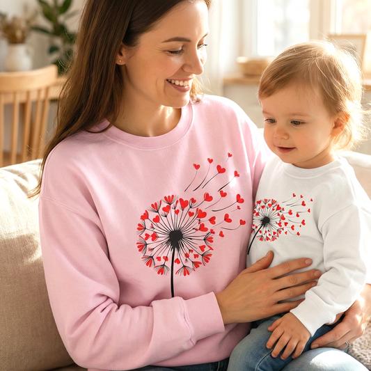 Dandelion Heart Breeze Sweatshirt – White Crewneck with Red Heart Seeds
