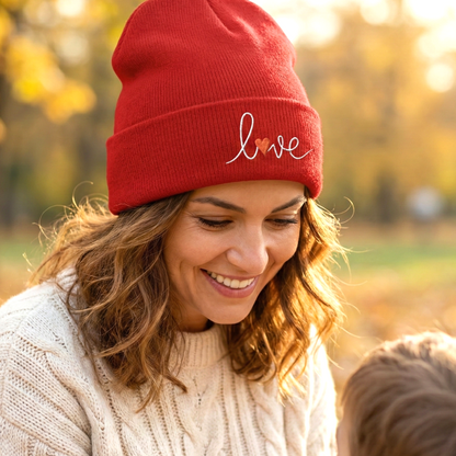 Love Embroidered Cuffed Beanie Cozy Casual Knit