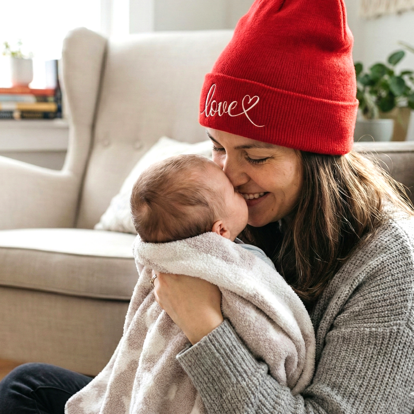 Embroidered Love Cuffed Beanie Cozy Knit Hat with Heart Script