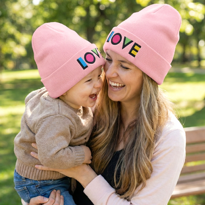 LOVE Embroidered Cuffed Beanie — Colorful Retro Knit Hat for Pride & Everyday Wear