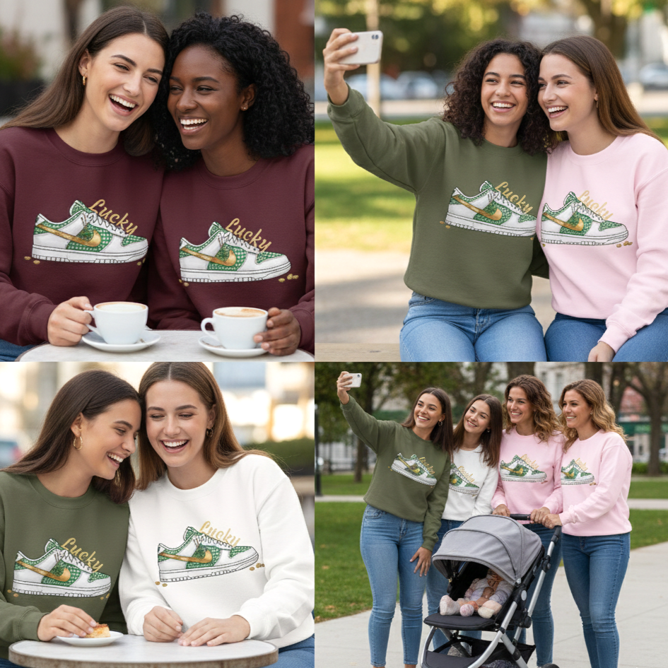 Sneaker Lucky Adult Gildan Crewneck Sweatshirt — Green Plaid Shoe Graphic