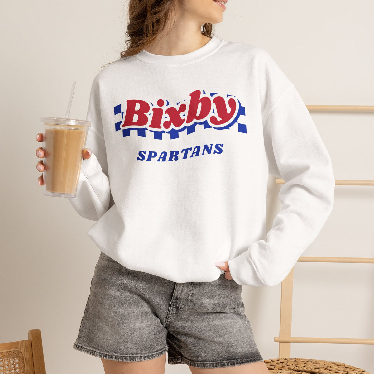 Bixby Spartans Retro Blue Checkered Script Sweatshirt – Vintage Game Day Crewneck