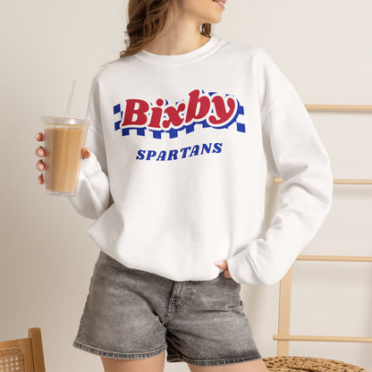 Bixby Spartans Retro Blue Checkered Script Sweatshirt – Vintage Game Day Crewneck
