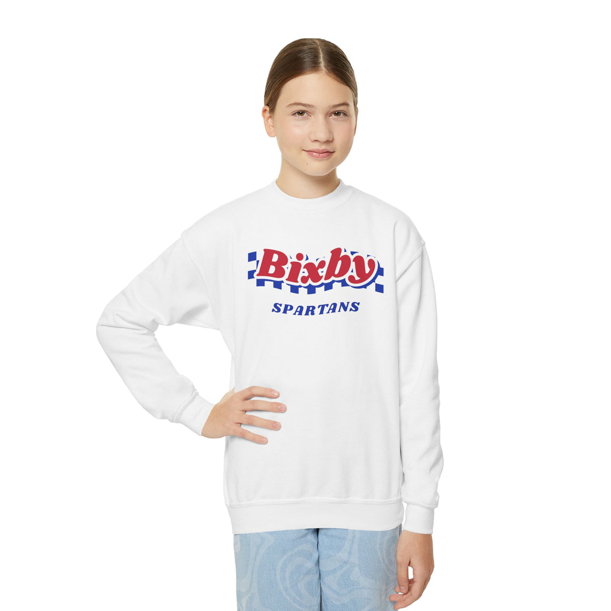 Bixby Spartans Retro Blue Checkered Script Youth Sweatshirt – Kids Vintage Crewneck
