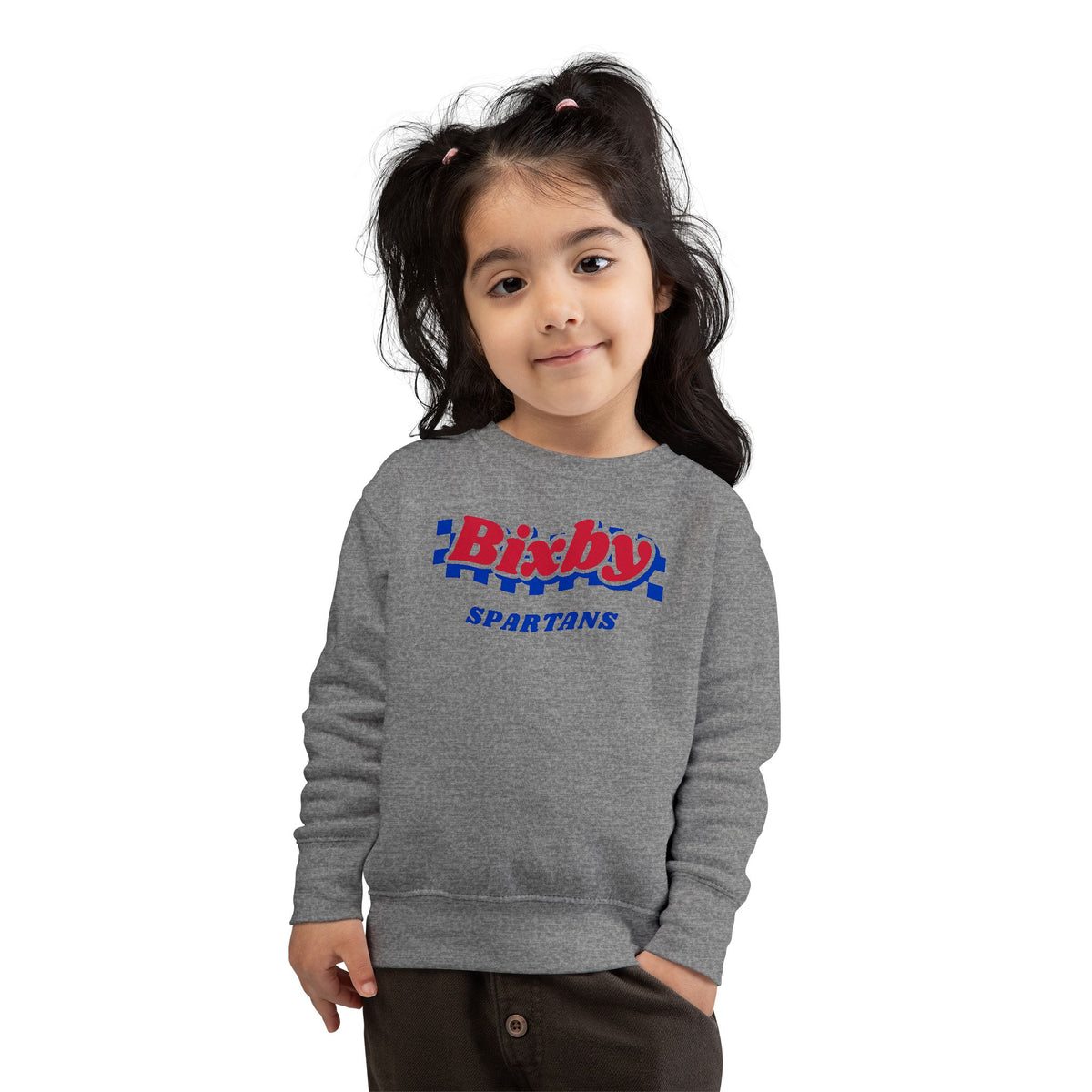 Bixby Spartans Retro Blue Checkered Script Toddler Sweatshirt – Little Spartan Vintage Crewneck