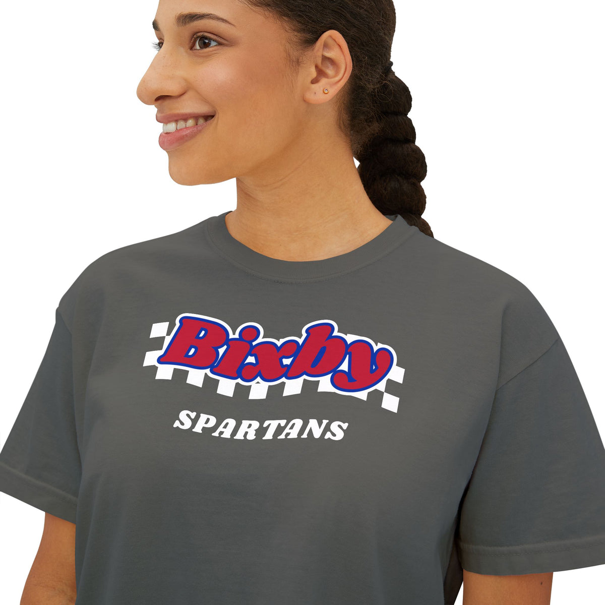 Bixby Spartans White Checker Retro Logo Women's Boxy Tee – Game Day Shirt