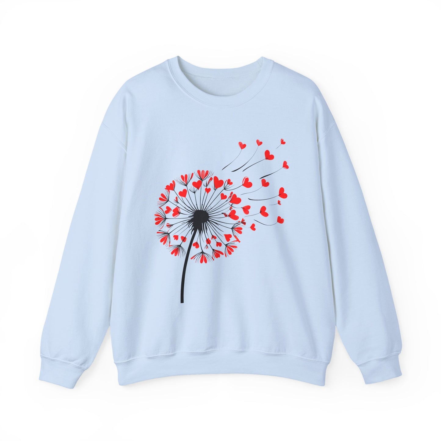 Dandelion Heart Breeze Sweatshirt – White Crewneck with Red Heart Seeds