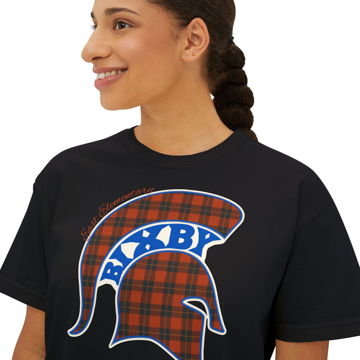 Bixby Spartans East Elementary Plaid Helmet Women's Boxy Tee – School Spirit Mom Shirt