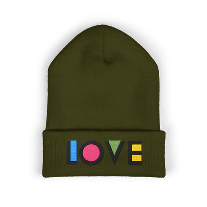 LOVE Embroidered Cuffed Beanie — Colorful Retro Knit Hat for Pride & Everyday Wear