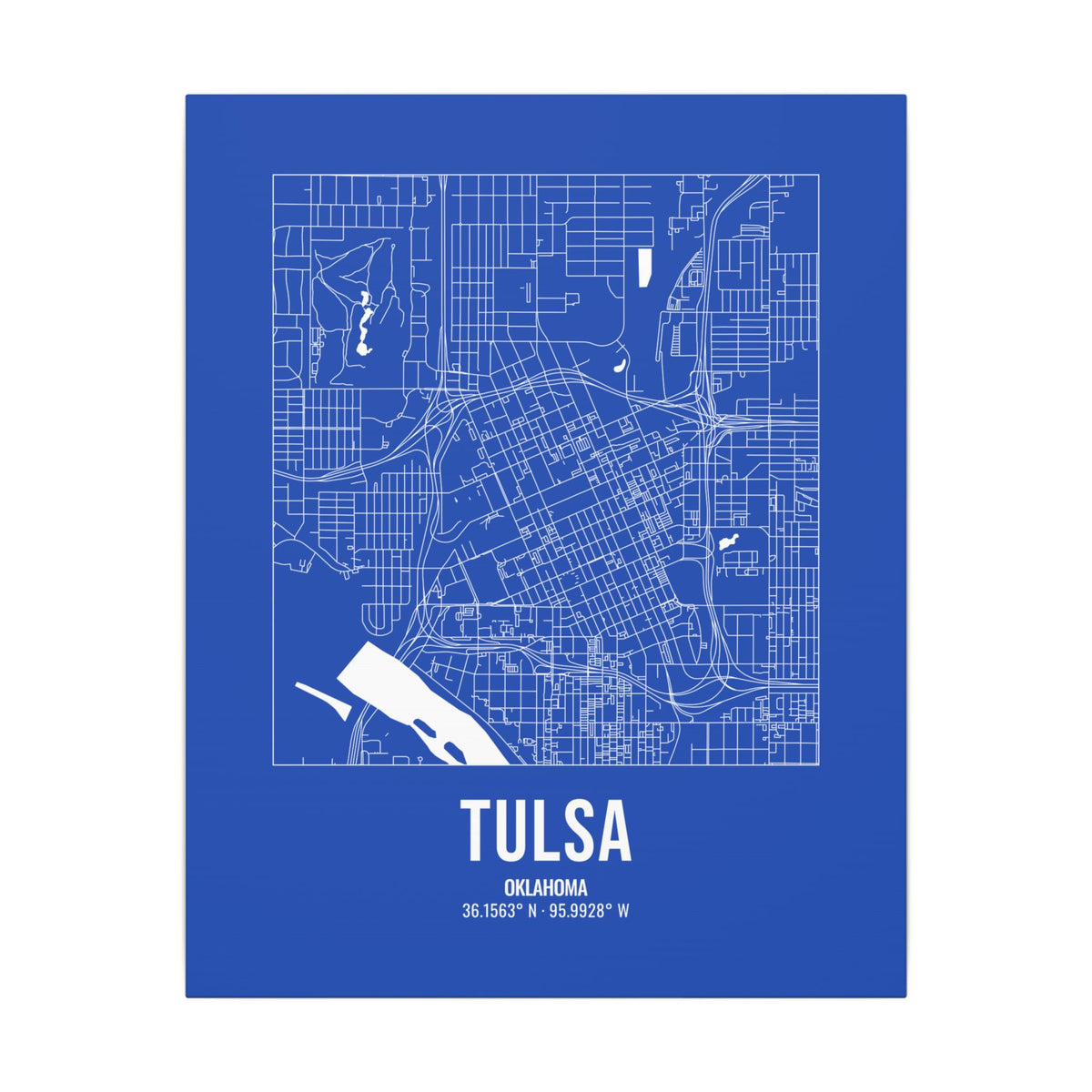 Tulsa Street Map Canvas, White on Royal Blue
