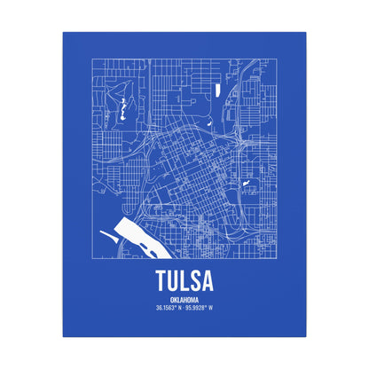 Tulsa Street Map Canvas, White on Royal Blue