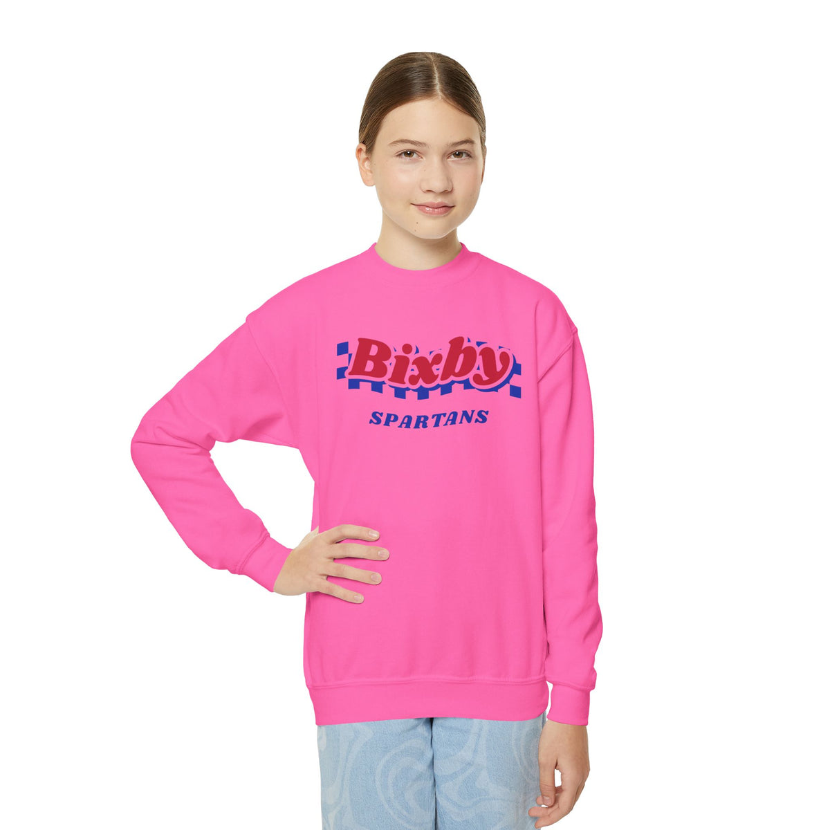 Bixby Spartans Retro Blue Checkered Script Youth Sweatshirt – Kids Vintage Crewneck