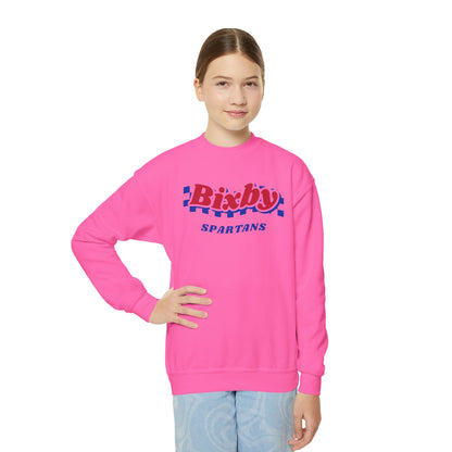 Bixby Spartans Retro Blue Checkered Script Youth Sweatshirt – Kids Vintage Crewneck