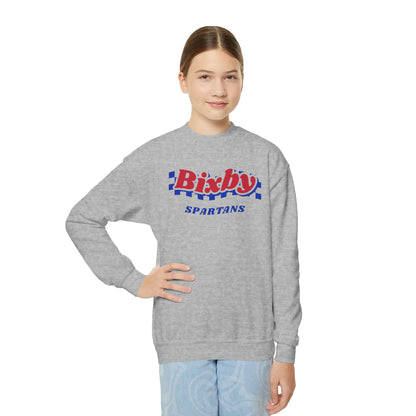 Bixby Spartans Retro Blue Checkered Script Youth Sweatshirt – Kids Vintage Crewneck
