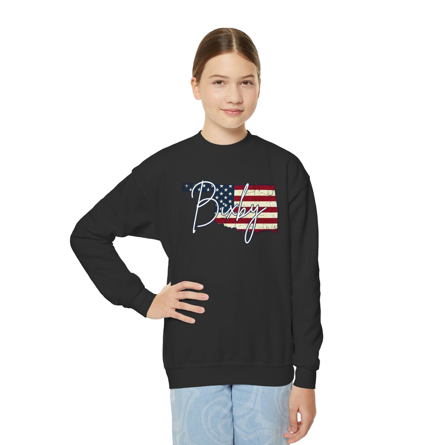 Oklahoma Flag Bixby Script Youth Gildan Sweatshirt