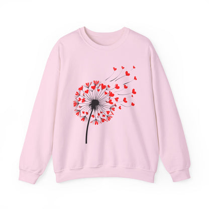 Dandelion Heart Breeze Sweatshirt – White Crewneck with Red Heart Seeds