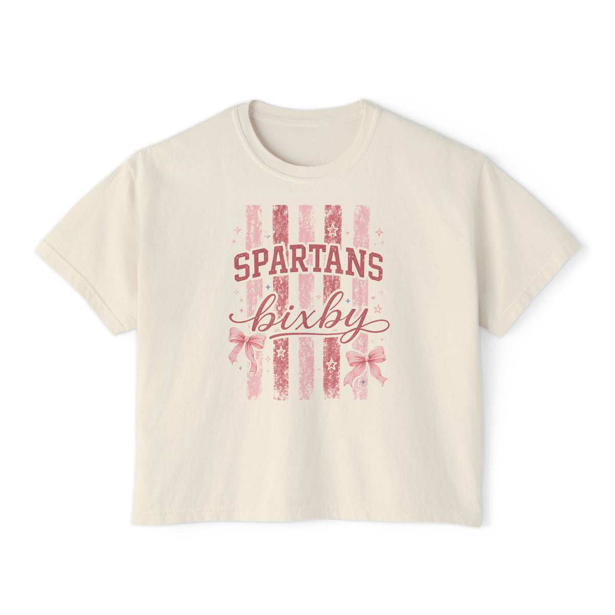 Bixby Spartans Bixby Boxy Pink Vintage Stripe Cheer Tee