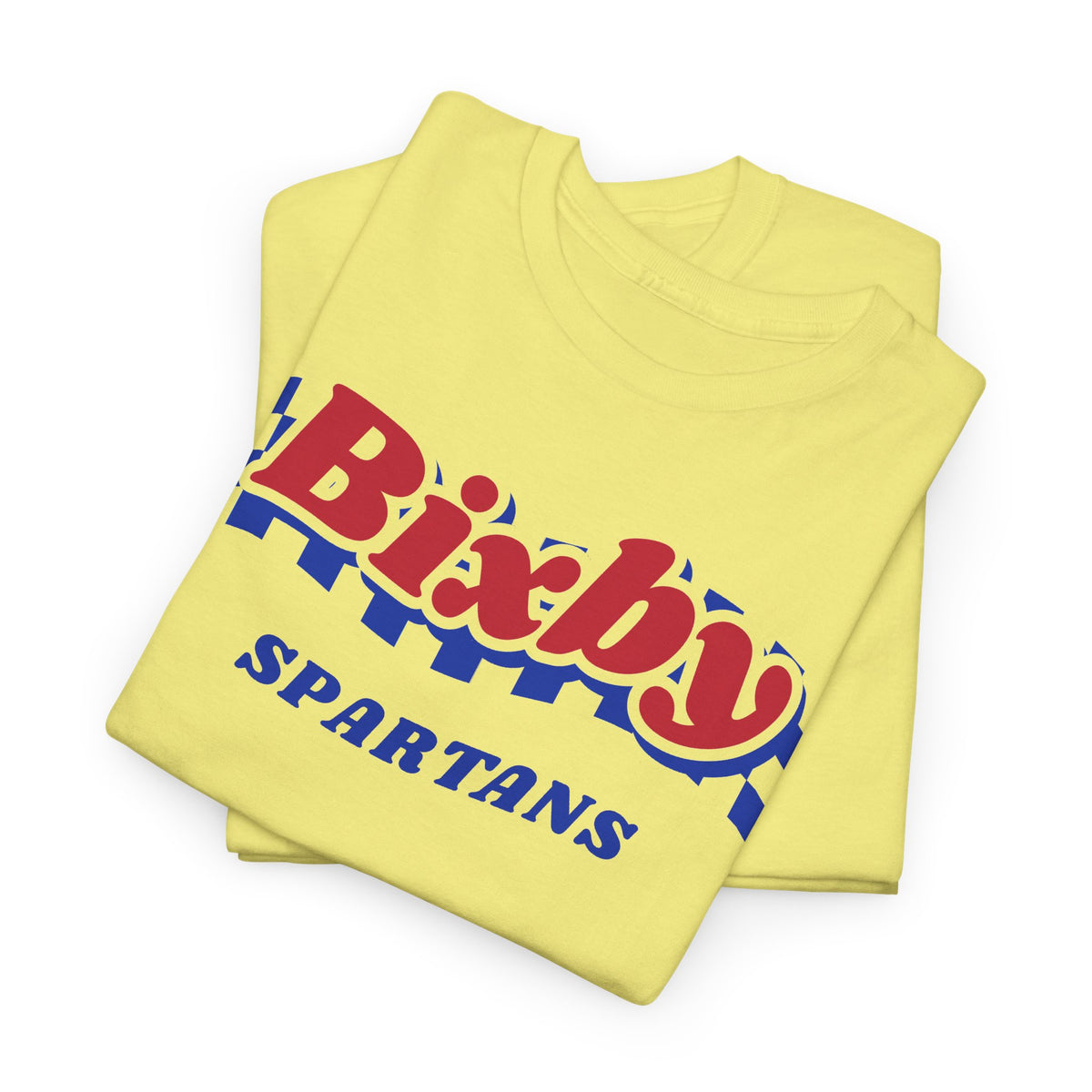 Bixby Spartans Retro Blue Checkered Script Tee – Vintage Game Day Shirt