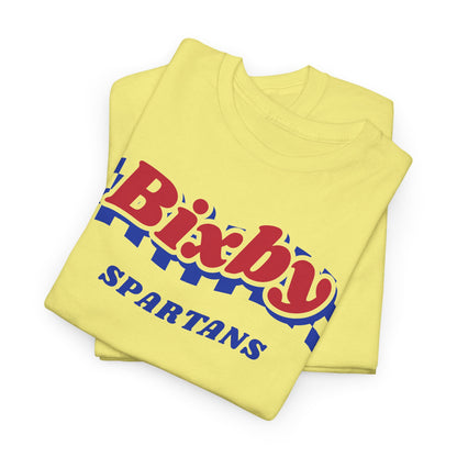 Bixby Spartans Retro Blue Checkered Script Tee – Vintage Game Day Shirt