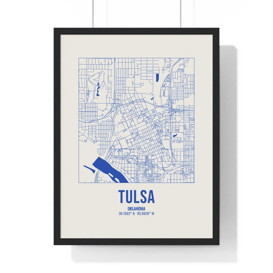 Tulsa Street Map Framed Print, Royal Blue on Cream